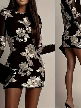Sequined Crew Neck Dress, Elegant Long Sleeve Bodycon Dress for Party & Banquet,